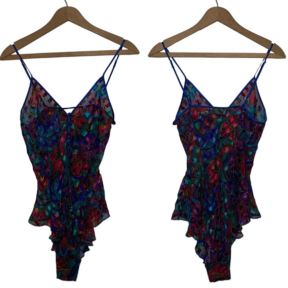 VS 90s Gold Label semisheer floral & paisley print in jewel tones teddy bodysuit - Picture 4 of 17